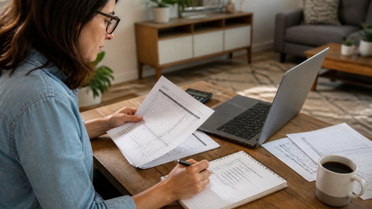 A small business owner at a tidy desk comparing printed bank statements against a laptop showing accounting software, with a handwritten checklist and coffee nearby