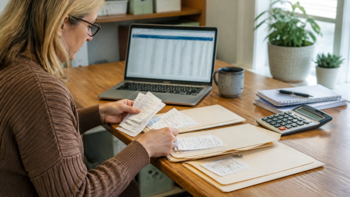 A small business owner at a tidy desk sorting paper receipts into labeled folders next to a laptop showing a spreadsheet, with a coffee mug and calculator nearby