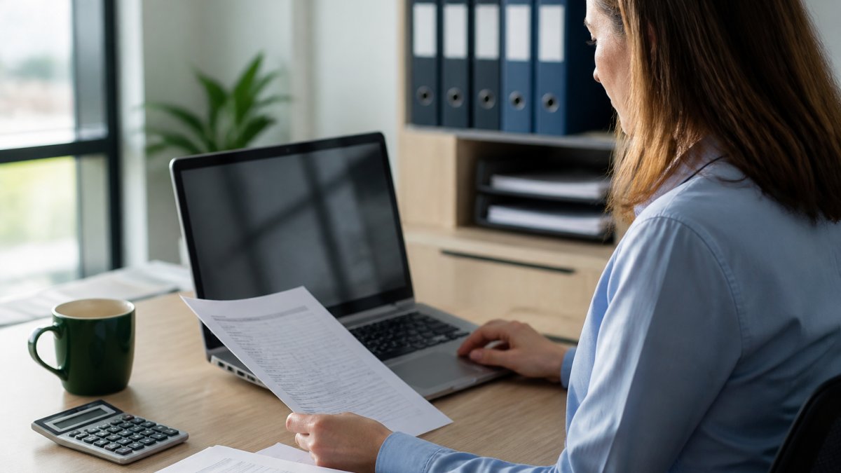 Business owner seated at desk with laptop displaying QuickBooks Online dashboard, printed bank statement beside keyboard, reviewing transactions with focused attention in modern office setting with natural window lighting